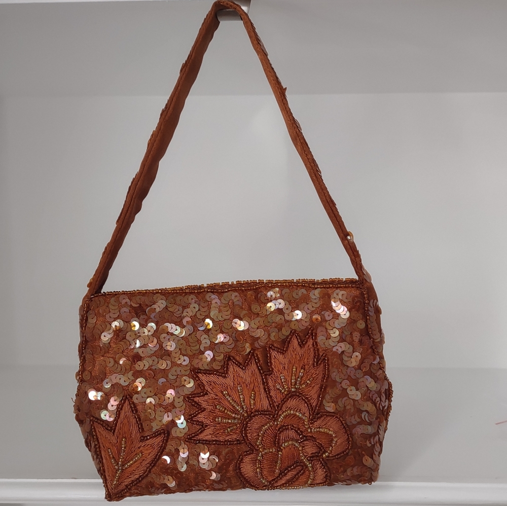 Vintage Brown Beaded Evening Bag Bronze Sequin Floral Shoulder Purse